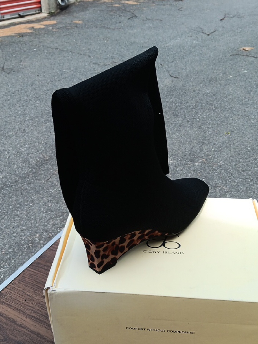 Black Wedge Ankle Boot with Leopard-Print Heel